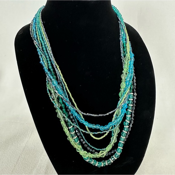 Multi-Strand Beaded Necklace with Glass and Metallic beads Boho Green Blue - Picture 4 of 7